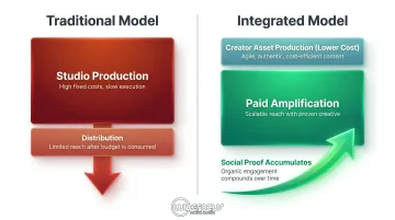 Traditional versus integrated creator marketing budget model side-by-side comparison infographic