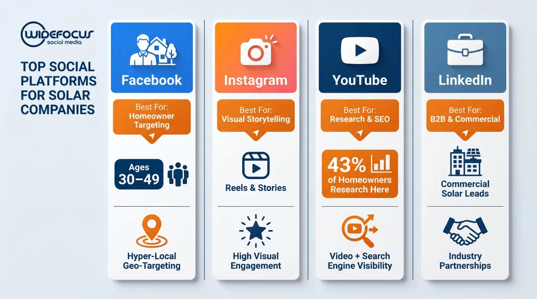 Solar company social media platform comparison Facebook Instagram YouTube LinkedIn infographic