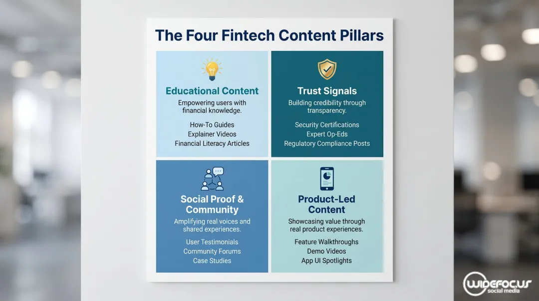 Four fintech content pillars framework educational trust social proof product-led