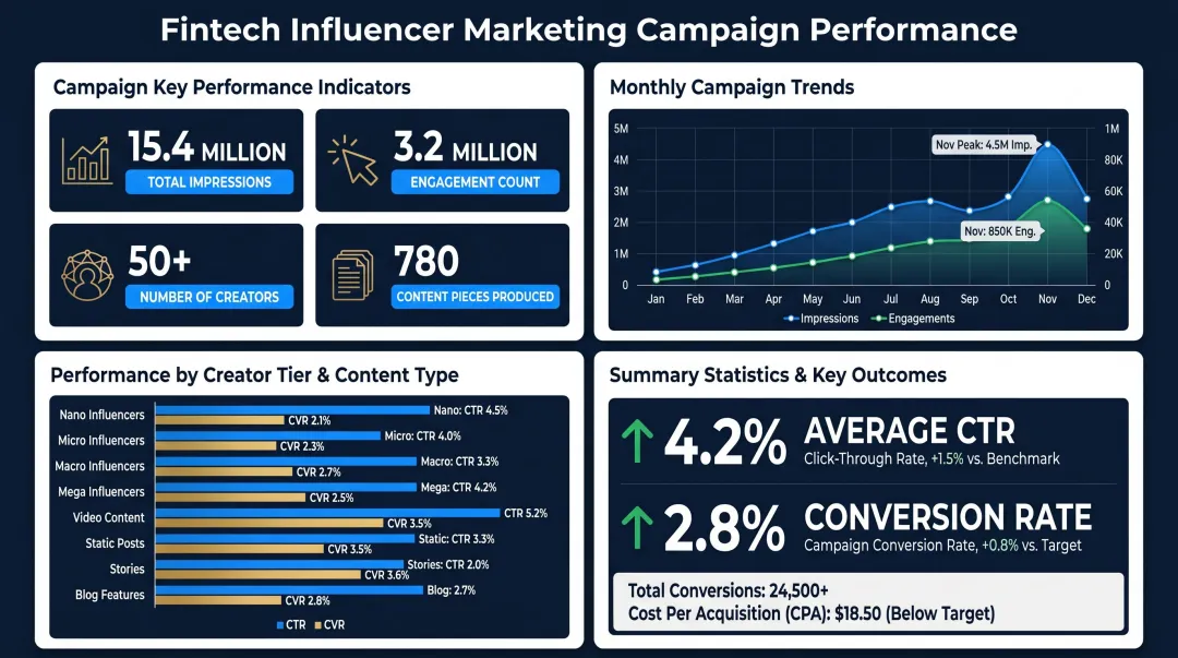 Fintech influencer marketing campaign results showing engagement and impressions metrics