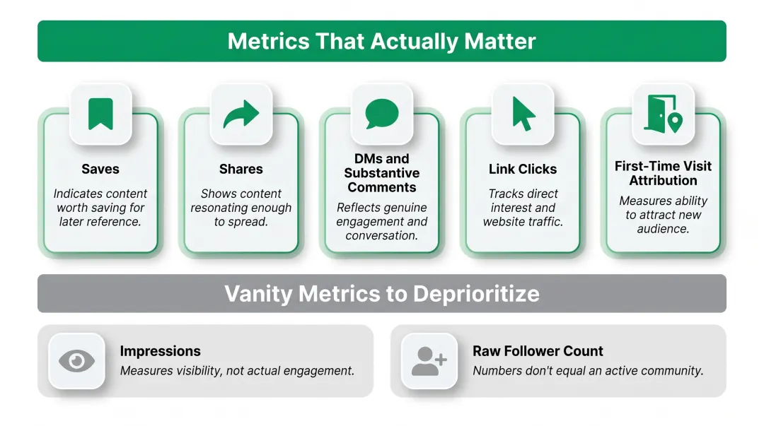 Church social media metrics that matter saves shares DMs link clicks first visit