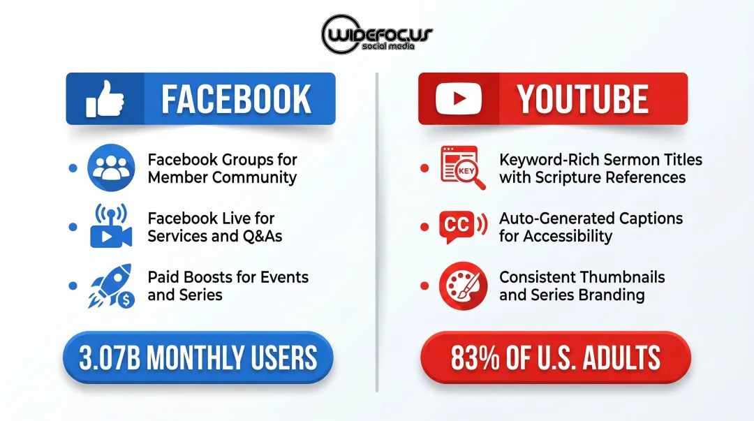 Facebook versus YouTube church social media strategy comparison side-by-side infographic