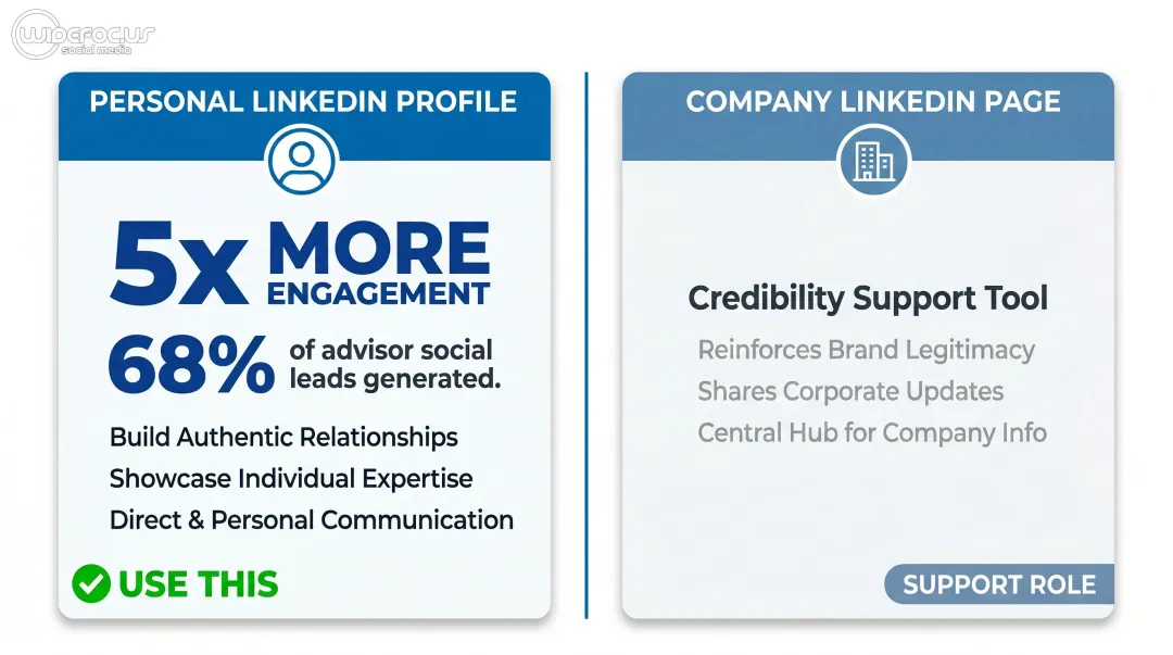 LinkedIn advisor lead generation statistics personal profile versus company page comparison