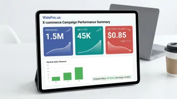 WideFoc.us ecommerce campaign results dashboard showing impressions clicks and cost-per-click metrics