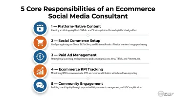Five core responsibilities of an ecommerce social media consultant infographic