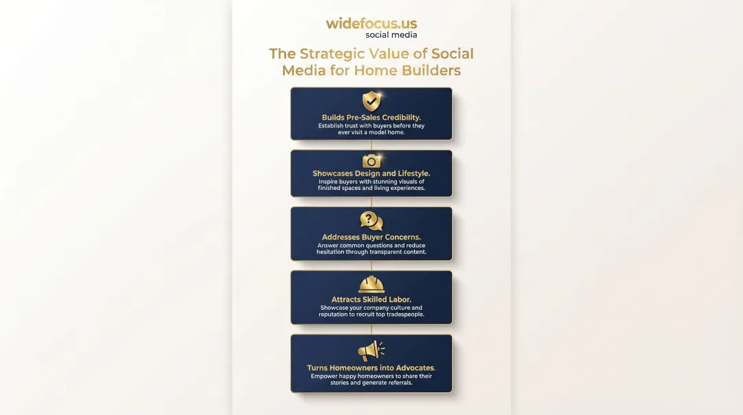 Five strategic social media benefits for home builders visual breakdown infographic