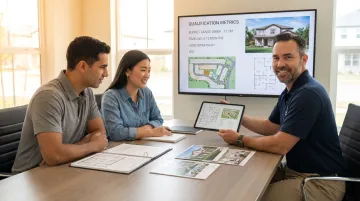 Home builder sales team reviewing digital marketing strategy with prospective buyers