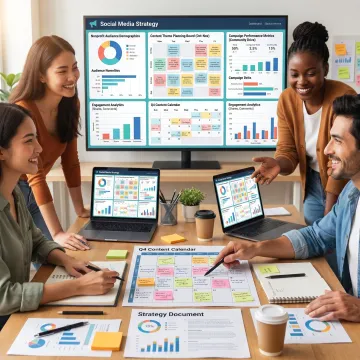 Team developing nonprofit social media campaign strategy