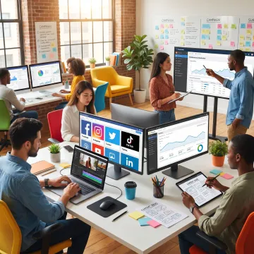 Team managing social media content and engagement