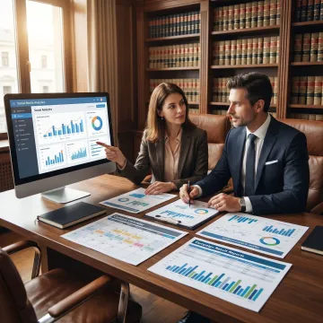 Attorney reviewing social media performance dashboard