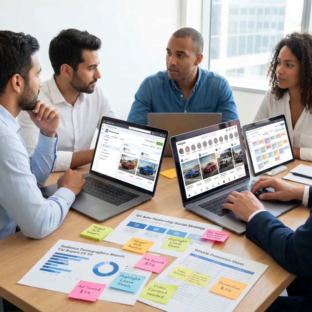 Team planning social ads for an auto dealership