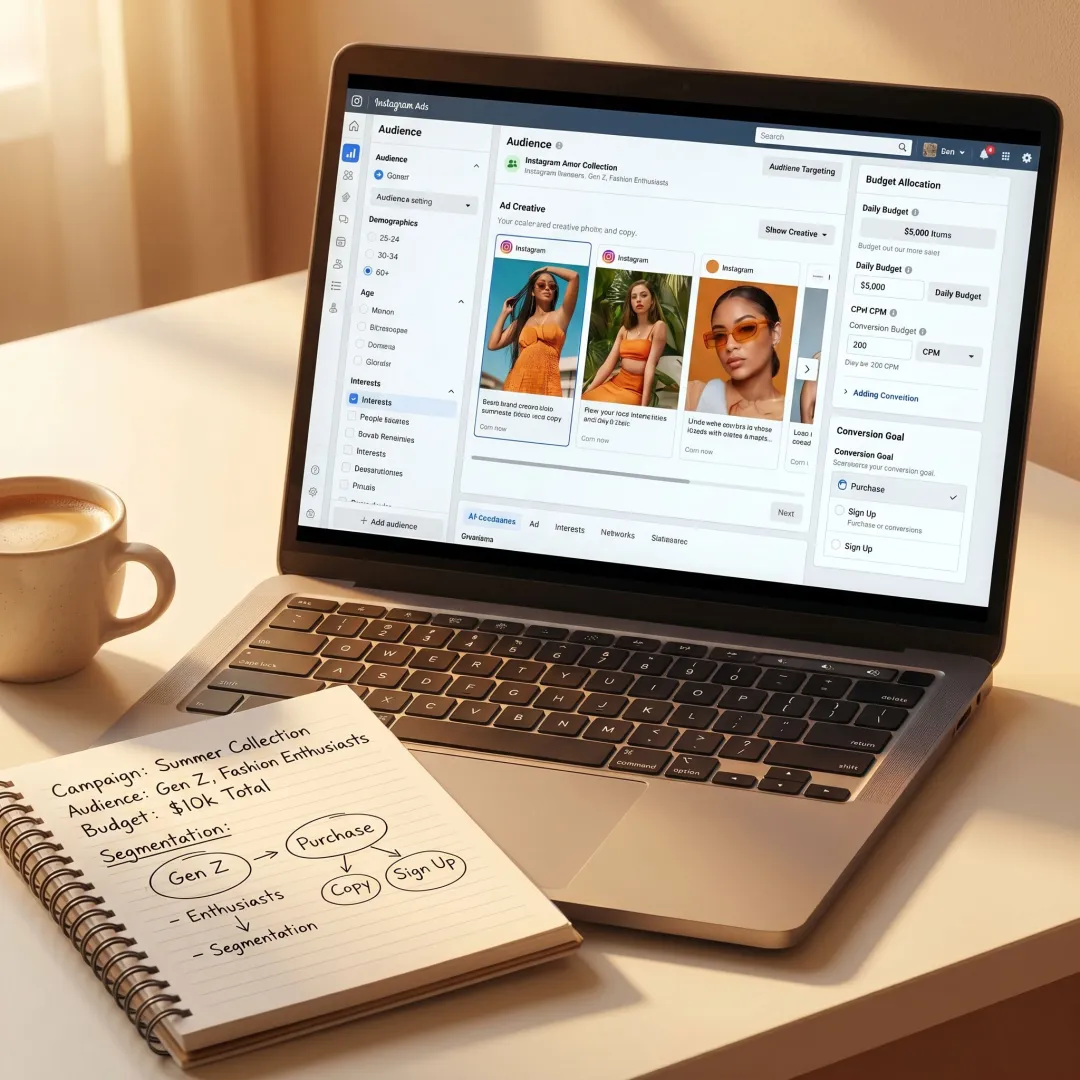 Strategist building Instagram ad targeting and creative plan
