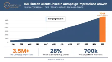 WideFocus B2B fintech client LinkedIn campaign results showing monthly impressions growth