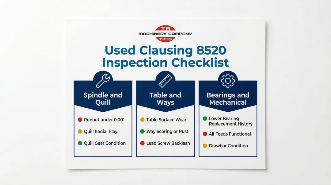 Clausing 8520 used mill inspection checklist covering spindle table and bearing condition