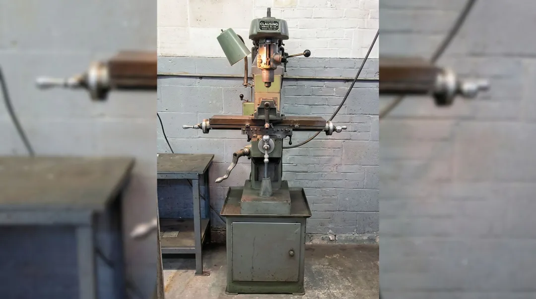 Vintage Clausing 8520 knee mill in a small toolroom shop setting