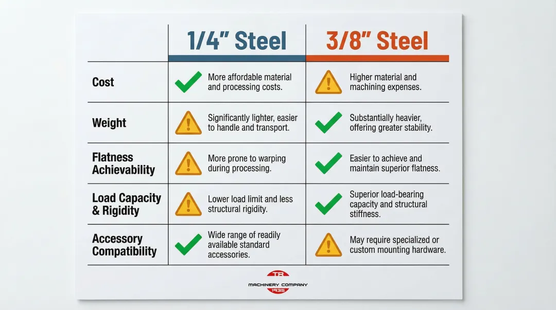 1/4 inch versus 3/8 inch welding table steel comparison across five key attributes