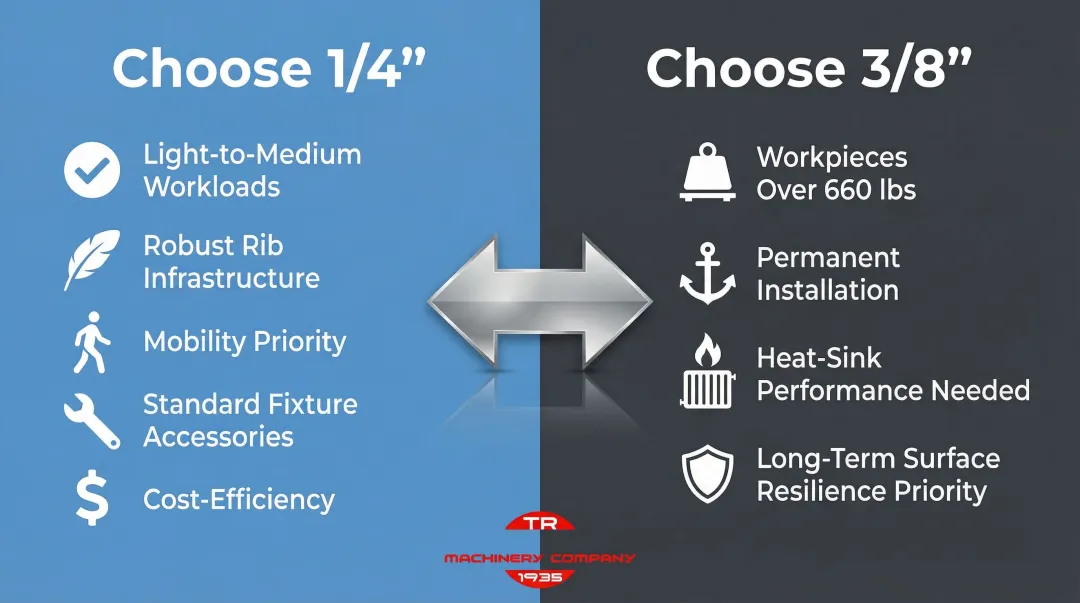 Decision guide choosing 1/4 inch or 3/8 inch welding table top by shop conditions