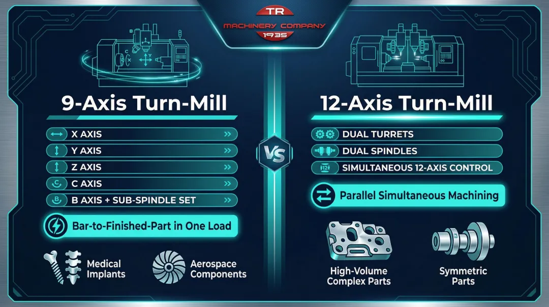 9-axis versus 12-axis CNC turn-mill center capabilities and applications comparison infographic