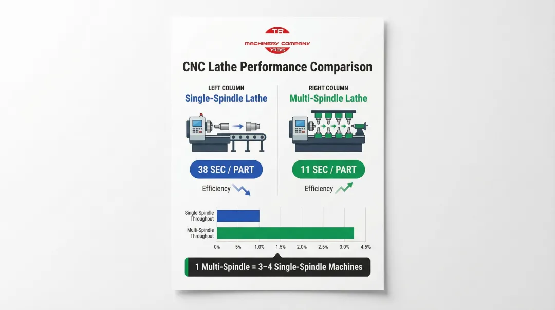 Multi-spindle versus single-spindle CNC lathe cycle time comparison infographic