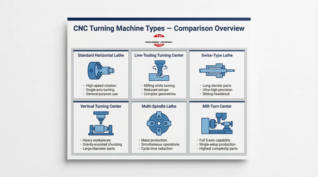 Six types of CNC turning machines comparison overview infographic