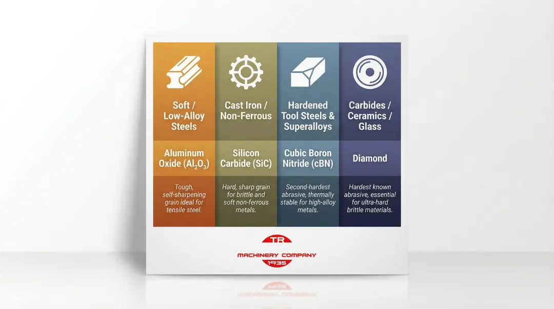 Grinding wheel abrasive material selection guide by workpiece material type