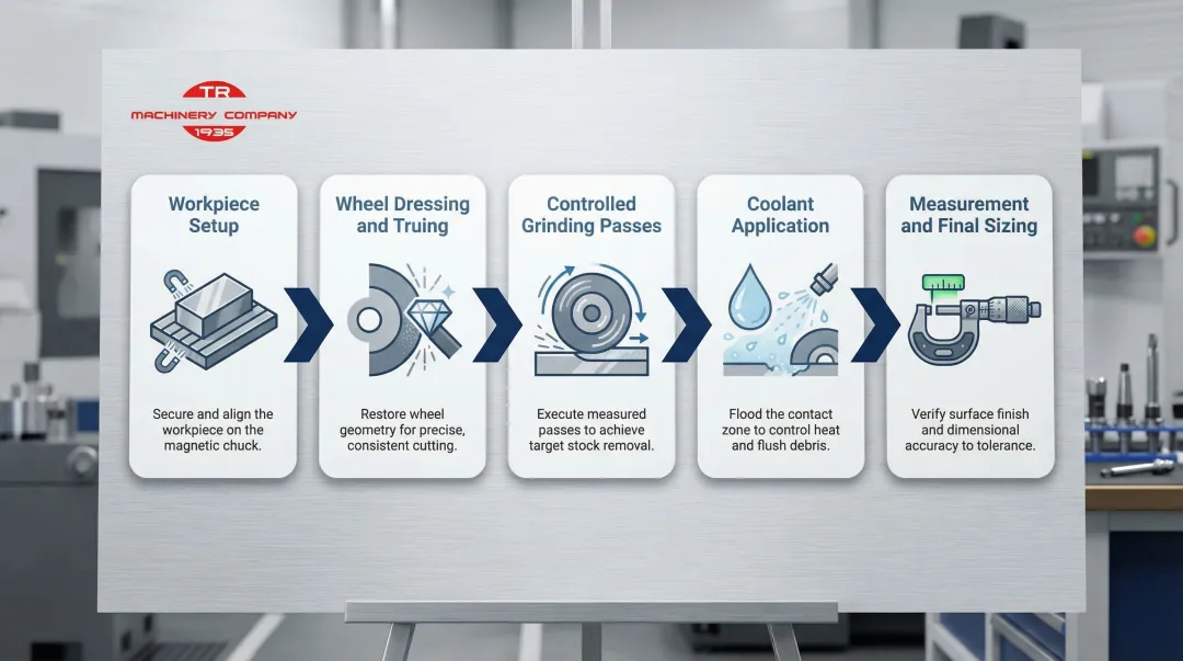5-step precision surface grinding process flow from setup to final measurement