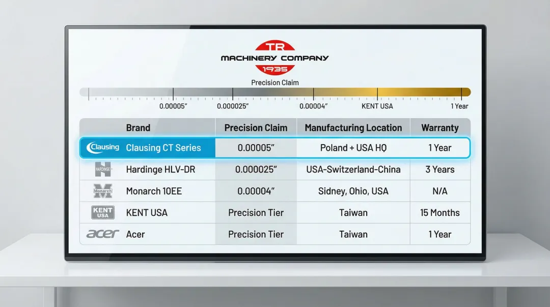 Five-brand precision lathe comparison chart showing accuracy warranty and manufacturing location