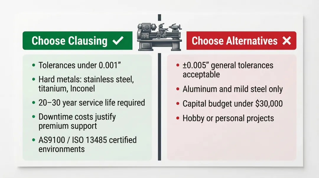 Clausing lathe buyer decision framework choose versus avoid side-by-side criteria infographic