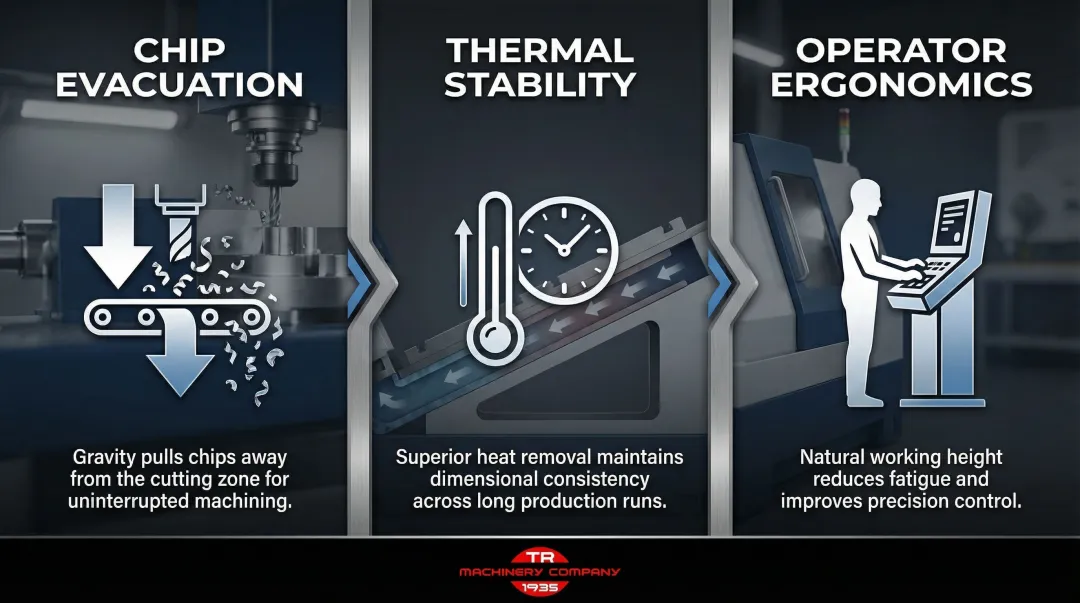 Three slant-bed CNC design advantages chip evacuation thermal stability and ergonomics