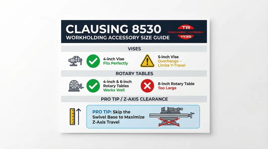 Clausing 8530 vise and rotary table sizing compatibility guide for compact mill table