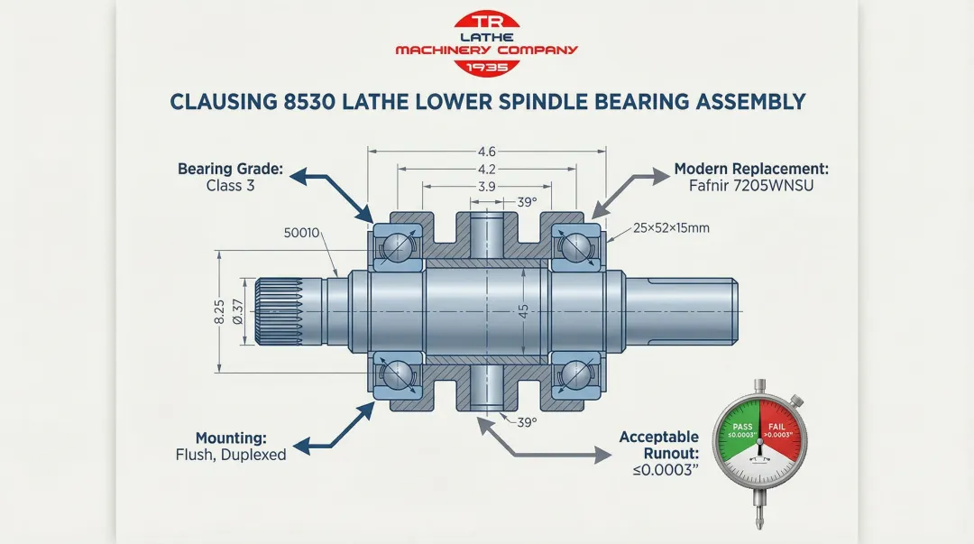 Clausing 8530 spindle bearing specifications runout tolerance and replacement guide