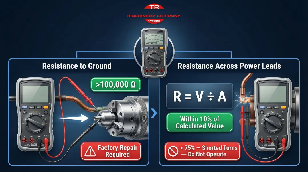 Two-step magnetic chuck resistance test procedure with pass and fail thresholds