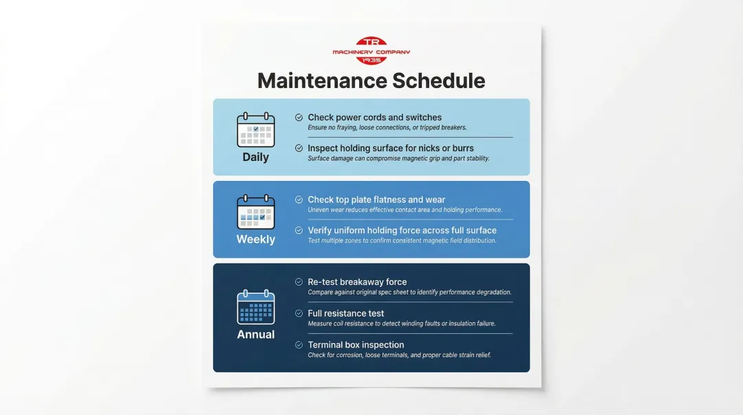 Magnetic chuck preventive maintenance schedule with daily weekly and annual inspection tasks