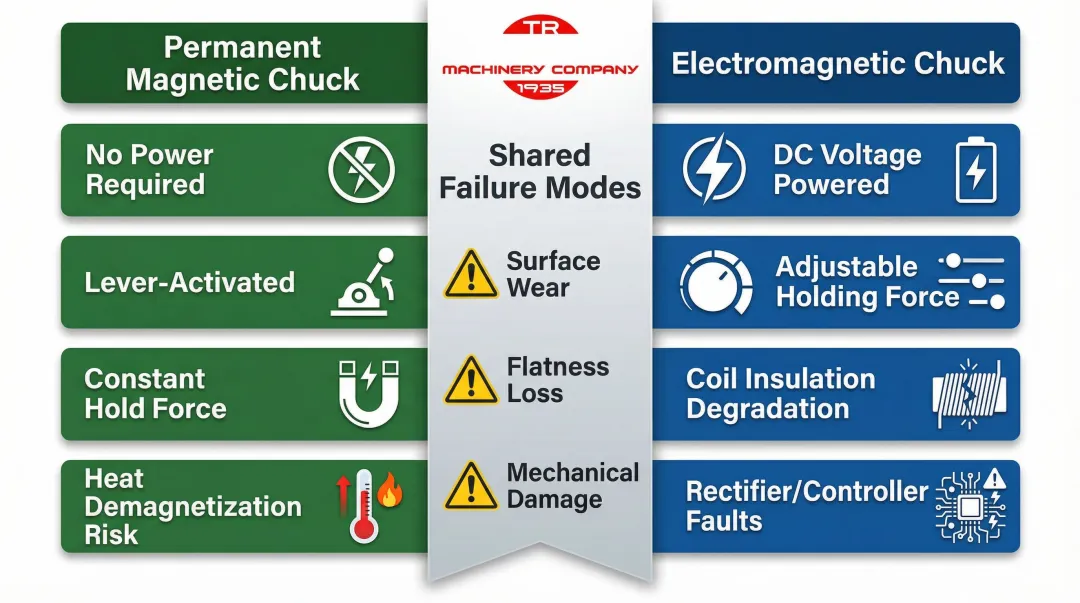 Permanent versus electromagnetic magnetic chuck comparison of features and failure modes