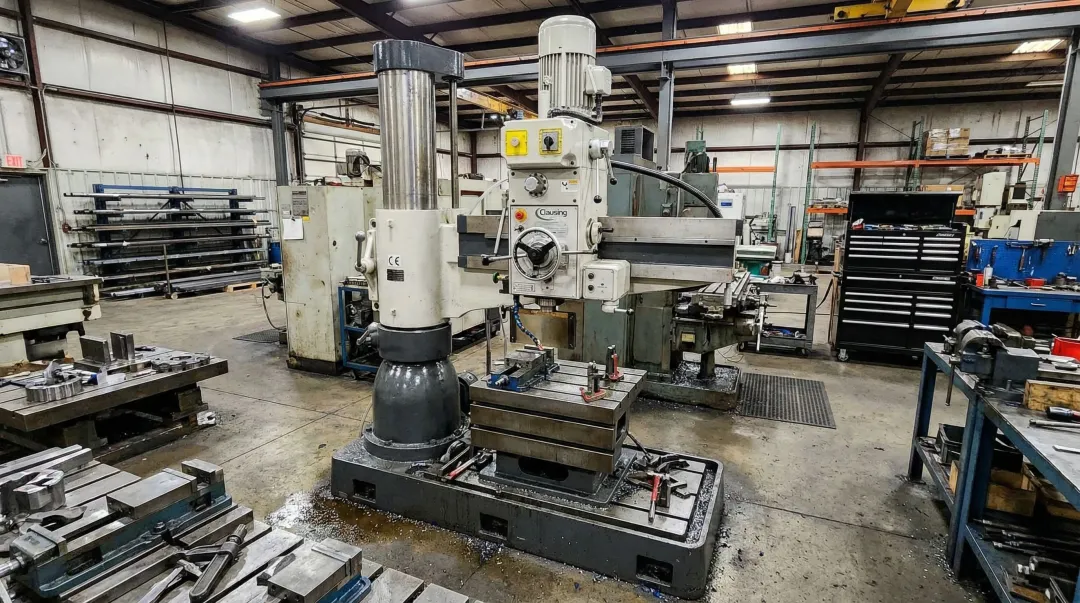 Clausing industrial radial drill press with extended arm reach on shop floor