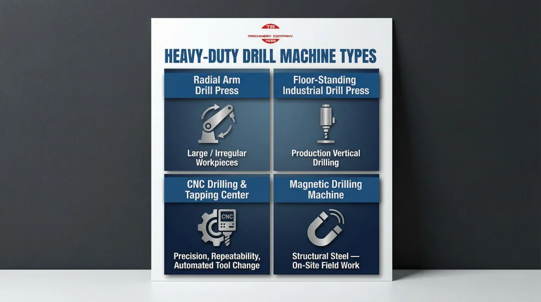 Four heavy-duty drill machine types comparison infographic for industrial applications