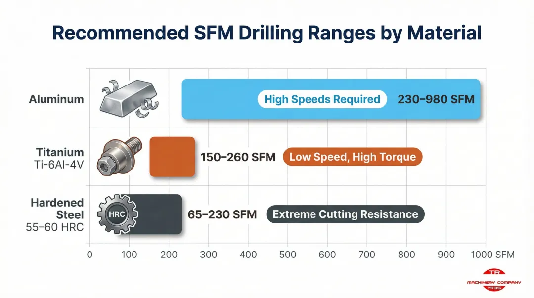 Drilling speed SFM comparison chart for aluminum titanium and hardened steel materials