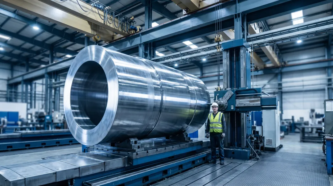 Large turbine housing being machined on horizontal boring mill in energy facility