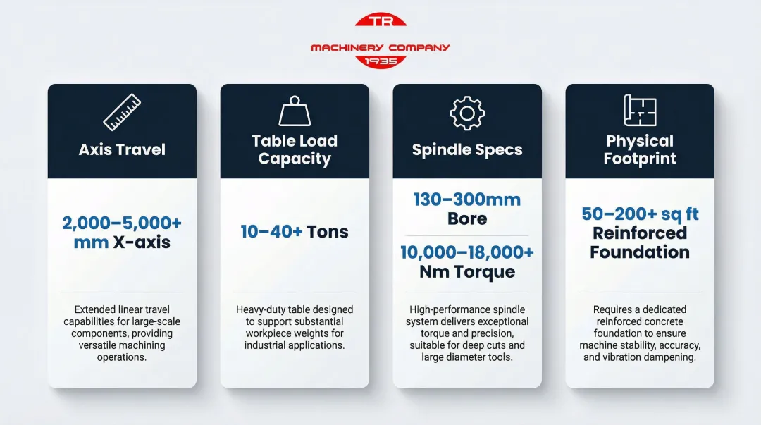 Large horizontal boring machine key specifications axis travel weight spindle footprint breakdown
