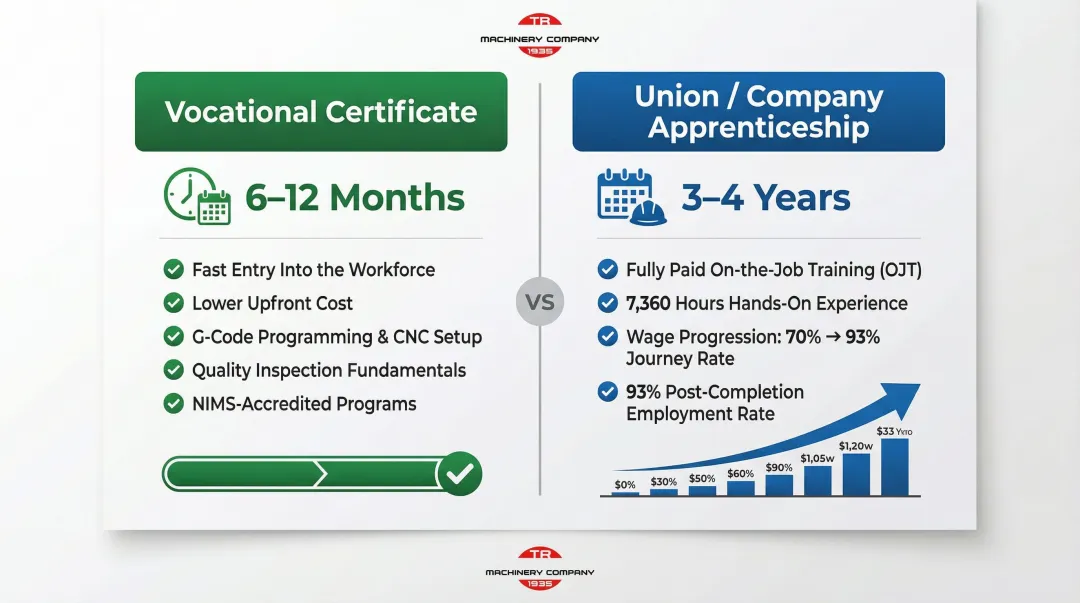 Two HBM operator training pathways vocational certificate versus union apprenticeship comparison