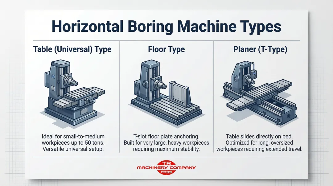 Three types of horizontal boring mills table floor and planer comparison infographic