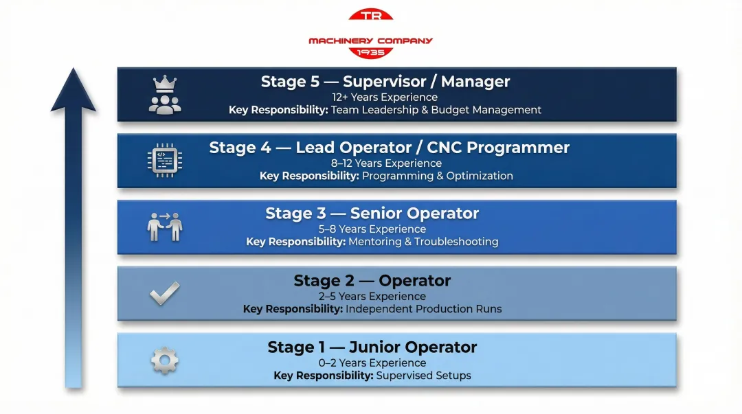 Five-stage HBM operator career progression timeline from junior operator to department manager