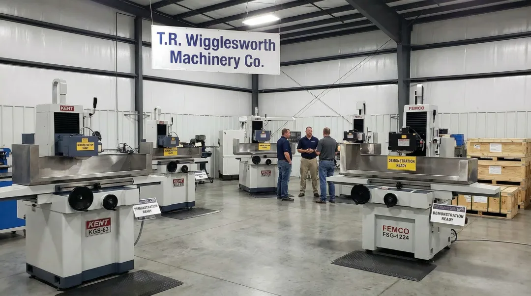 T.R. Wigglesworth grinding machine showroom with KENT and FEMCO surface grinders