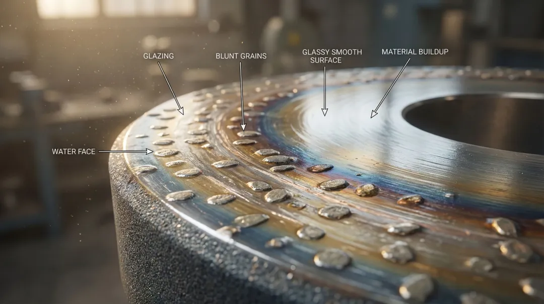 Grinding wheel glazing on non-ferrous metal showing wheel loading and heat damage