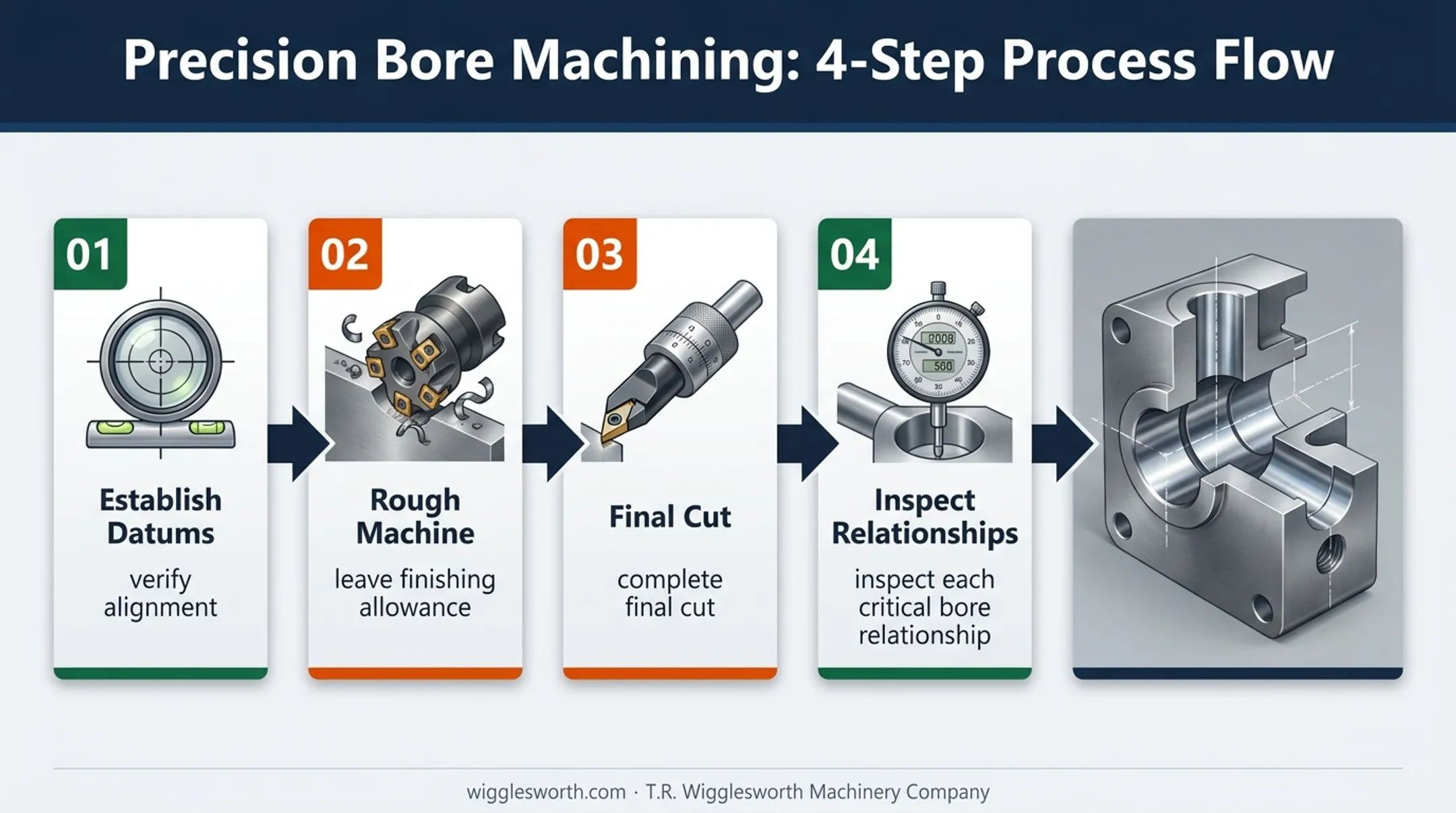 Four-step line boring machining and inspection process flow