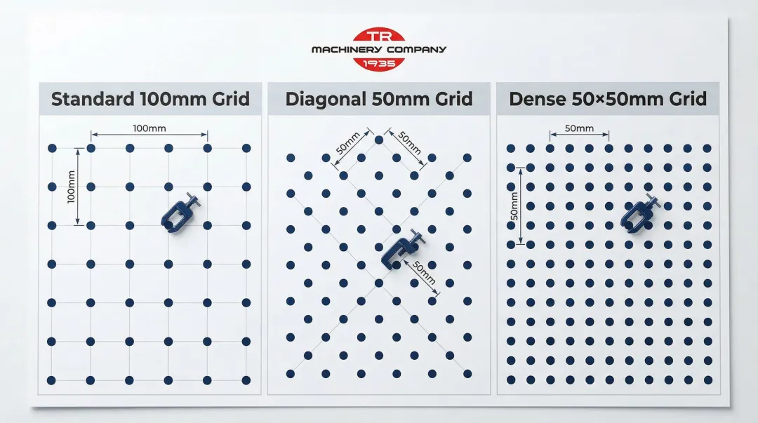 Three welding fixture table grid pattern layouts 100mm diagonal and 50mm compared