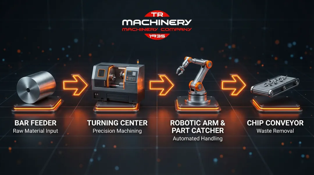 CNC turning center automation integration components bar feeders robots and conveyors
