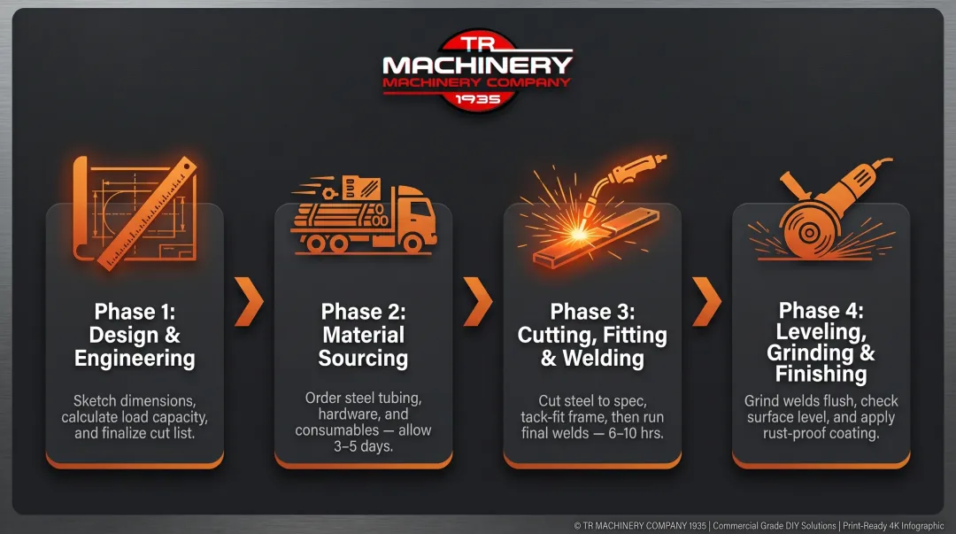4-phase DIY welding table build process timeline from design to finishing