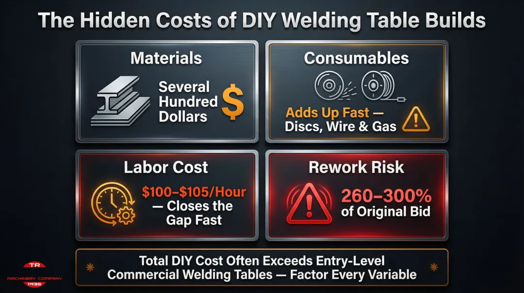 DIY welding table true cost breakdown comparing materials labor consumables and rework risk