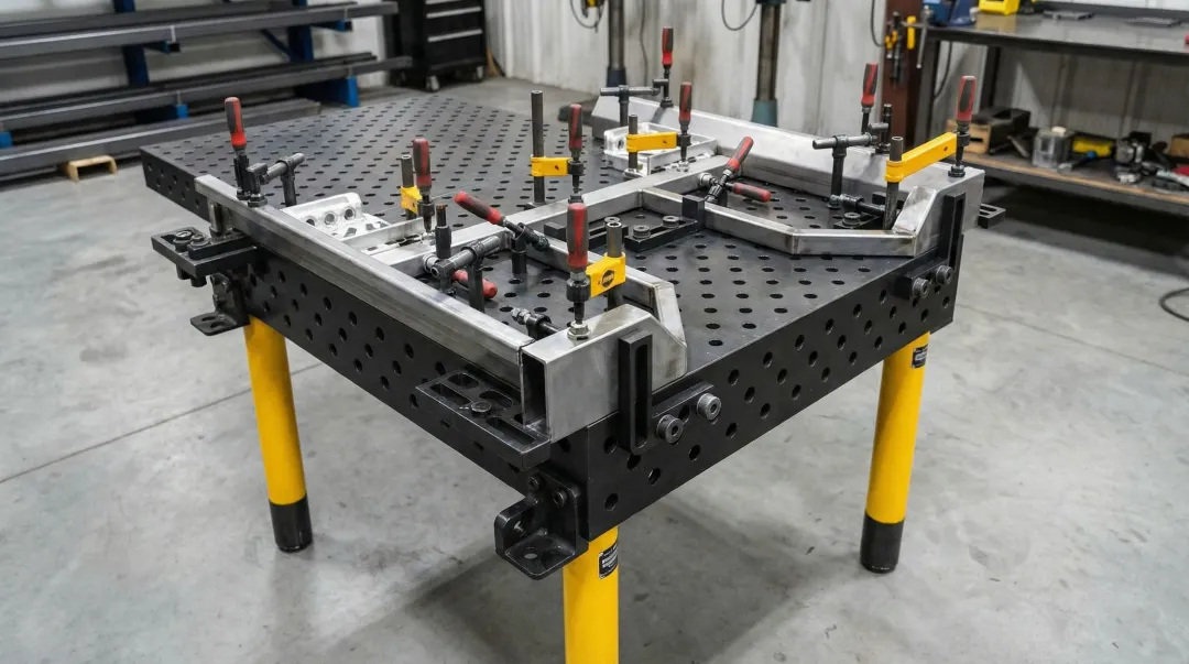Professional 3D fixture welding table with modular clamps in industrial fabrication shop